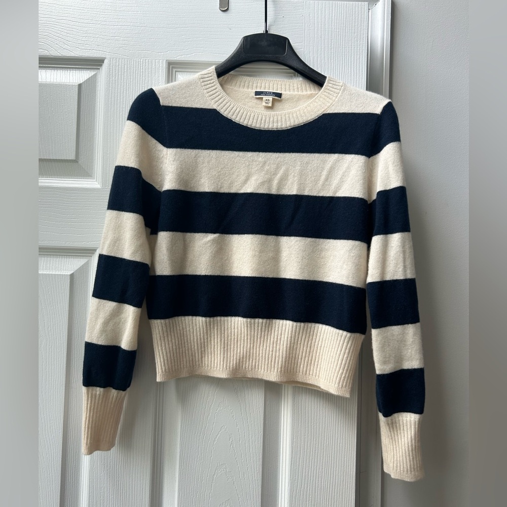 Jcrew 100% cashmere Striped Navy and Cream Sweater